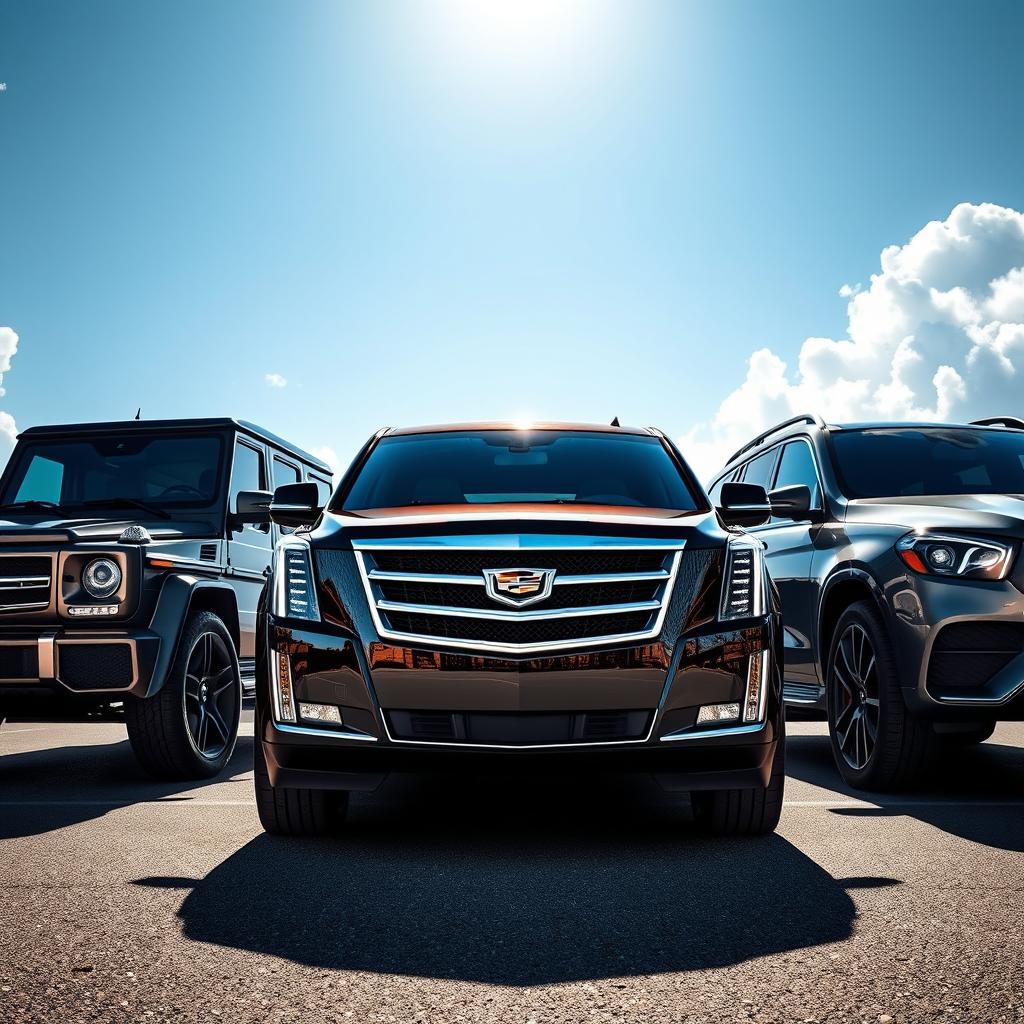 A dynamic scene featuring three luxury cars positioned in a row facing the viewer