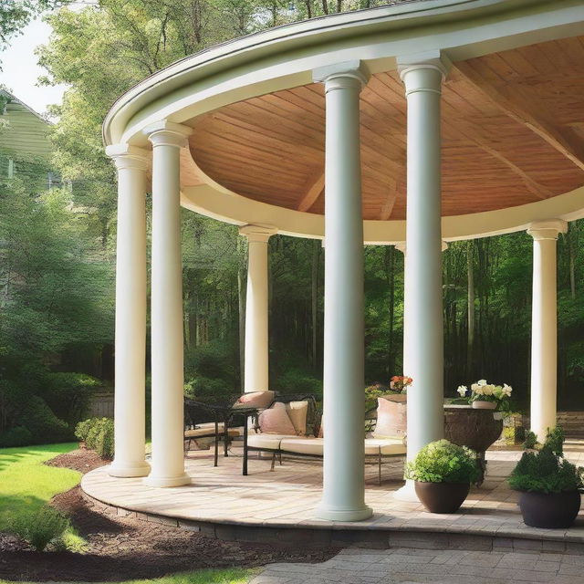 A 12x12 patio with round columns supporting an extended roof that protrudes 3 feet in front of the facade of a house.