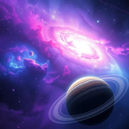 A stunning representation of a vibrant cosmic scene featuring a breathtaking nebula with swirling colors of purple, blue, and pink, surrounded by twinkling stars and distant galaxies