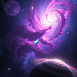 A stunning representation of a vibrant cosmic scene featuring a breathtaking nebula with swirling colors of purple, blue, and pink, surrounded by twinkling stars and distant galaxies