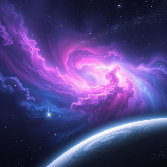 A stunning representation of a vibrant cosmic scene featuring a breathtaking nebula with swirling colors of purple, blue, and pink, surrounded by twinkling stars and distant galaxies