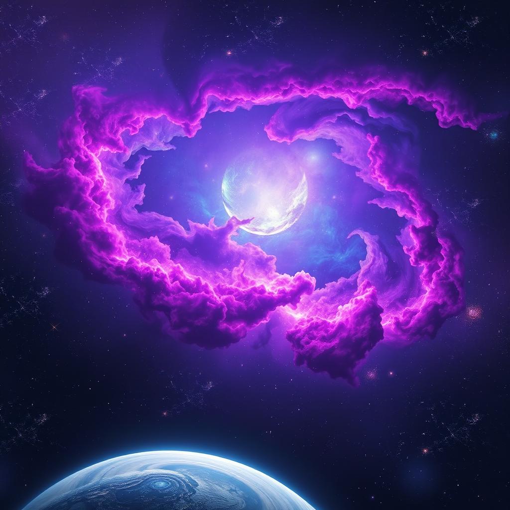 A stunning representation of a vibrant cosmic scene featuring a breathtaking nebula with swirling colors of purple, blue, and pink, surrounded by twinkling stars and distant galaxies