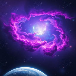 A stunning representation of a vibrant cosmic scene featuring a breathtaking nebula with swirling colors of purple, blue, and pink, surrounded by twinkling stars and distant galaxies