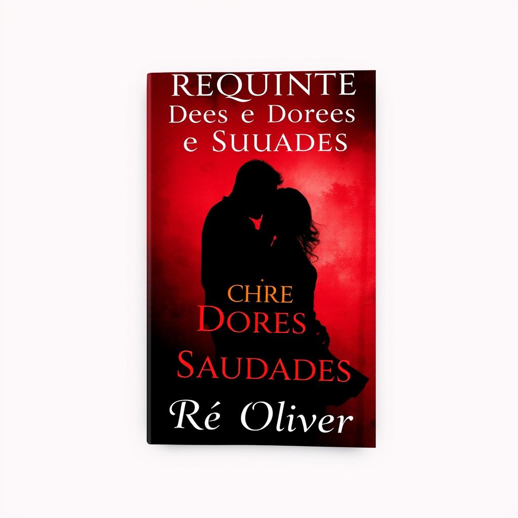A book cover design titled 'Requinte de Dores e Saudades', featuring silhouettes of a man and a woman symbolizing depth and emotion