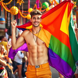 A vibrant and colorful scene featuring an attractive, confident man with a playful expression, dressed in stylish, form-fitting clothing that accentuates his physique