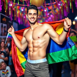 A vibrant and colorful scene featuring an attractive, confident man with a playful expression, dressed in stylish, form-fitting clothing that accentuates his physique