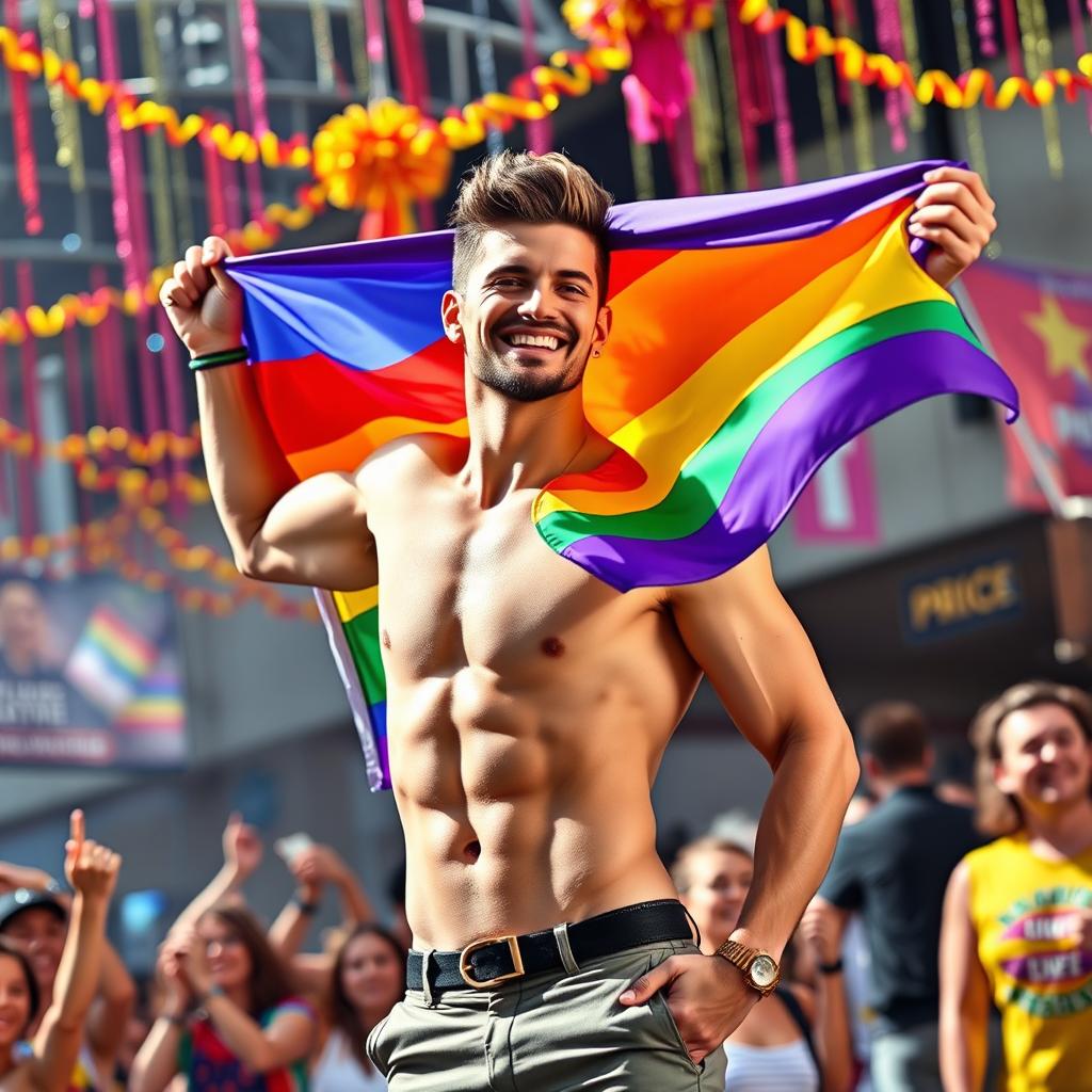 A vibrant and colorful scene featuring an attractive, confident man with a playful expression, dressed in stylish, form-fitting clothing that accentuates his physique