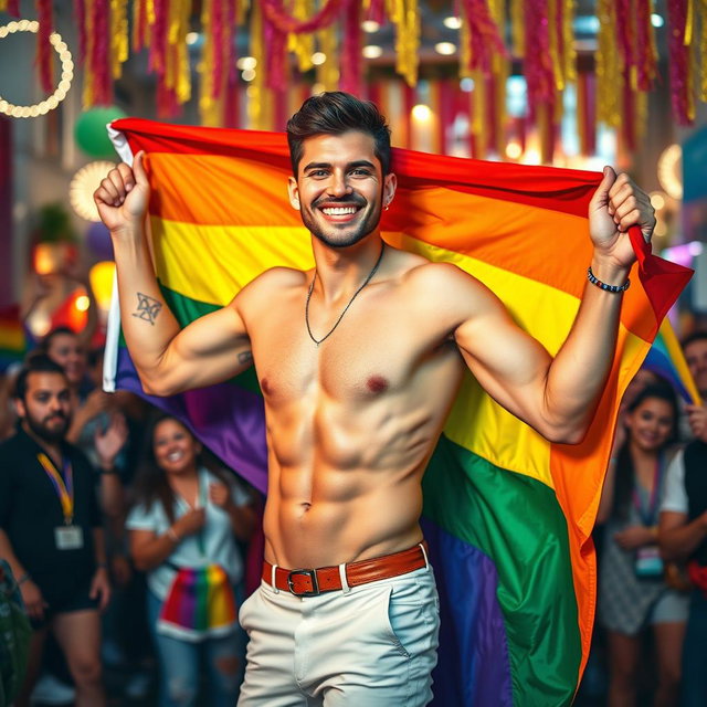 A vibrant and colorful scene featuring an attractive, confident man with a playful expression, dressed in stylish, form-fitting clothing that accentuates his physique