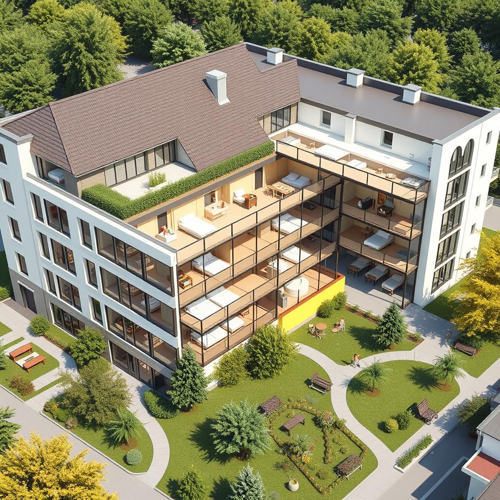 A detailed architectural design of a 50-room dormitory, combining European and modern design styles