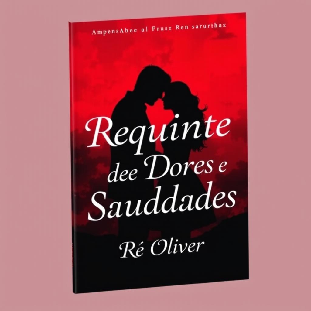 A book cover themed "Requinte de Dores e Saudades," featuring a silhouette of a man and a woman in a poignant separation scene