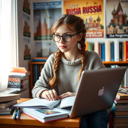 A portrait of a Russian girl student sitting at her desk, deep in thought while studying