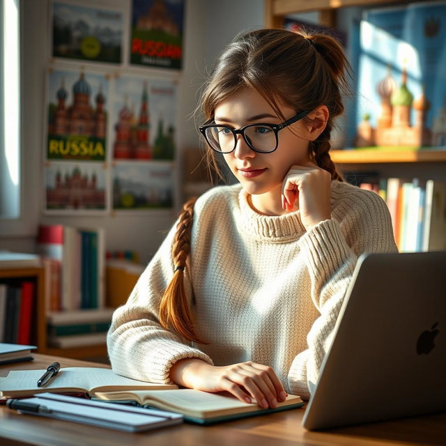 A portrait of a Russian girl student sitting at her desk, deep in thought while studying