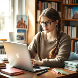 A portrait of a Russian girl student sitting at her desk, deep in thought while studying