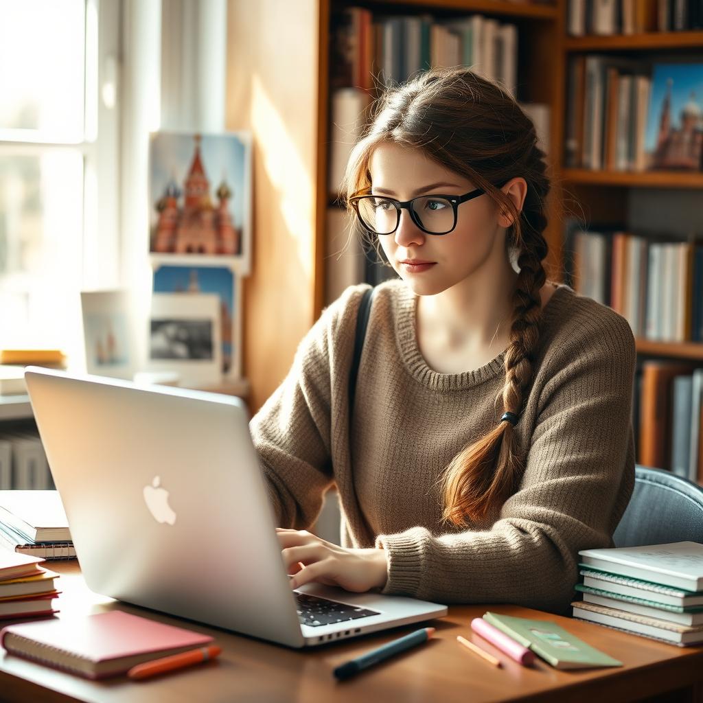 A portrait of a Russian girl student sitting at her desk, deep in thought while studying