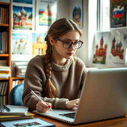 A portrait of a Russian girl student sitting at her desk, deep in thought while studying