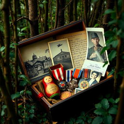 In a dense, enchanting forest, a mysterious box is nestled among the trees