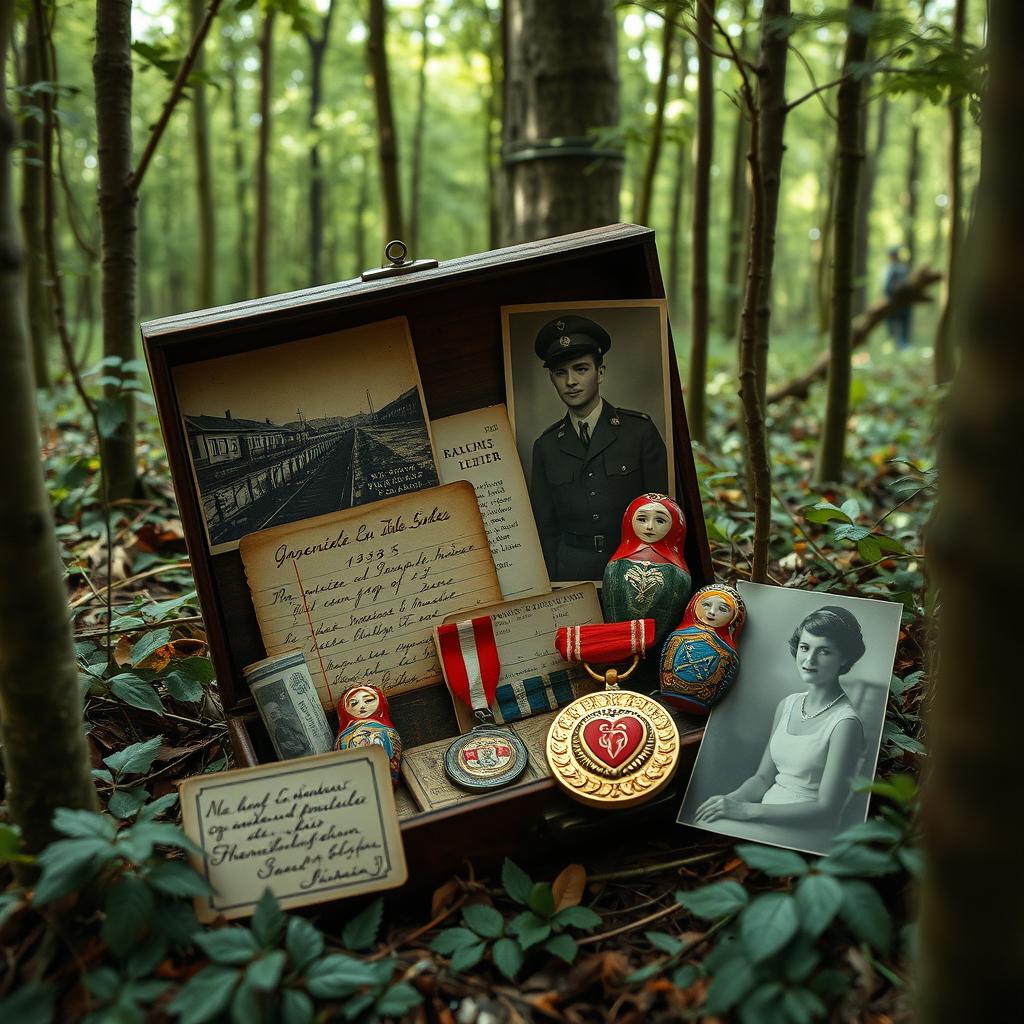 In a dense, enchanting forest, a mysterious box is nestled among the trees
