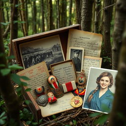 In a dense, enchanting forest, a mysterious box is nestled among the trees