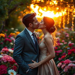 A romantic scene featuring a passionate kiss between a stylish couple
