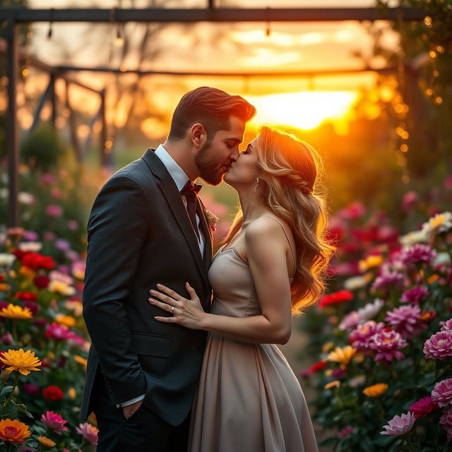 A romantic scene featuring a passionate kiss between a stylish couple