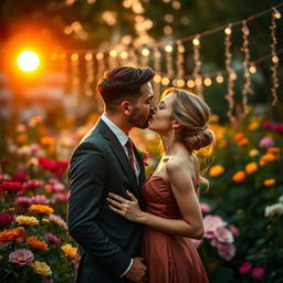 A romantic scene featuring a passionate kiss between a stylish couple