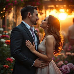 A romantic scene featuring a passionate kiss between a stylish couple