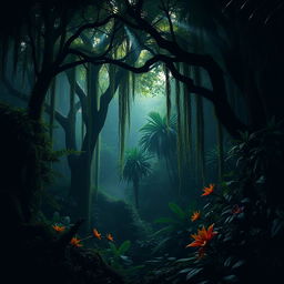 A dense, dark jungle with towering trees and abundant lush foliage, bathed in dim, ethereal light breaking through the canopy