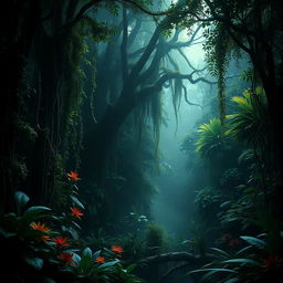 A dense, dark jungle with towering trees and abundant lush foliage, bathed in dim, ethereal light breaking through the canopy