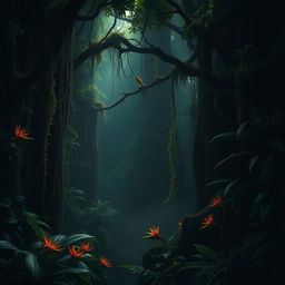 A dense, dark jungle with towering trees and abundant lush foliage, bathed in dim, ethereal light breaking through the canopy
