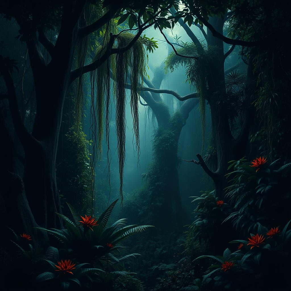A dense, dark jungle with towering trees and abundant lush foliage, bathed in dim, ethereal light breaking through the canopy