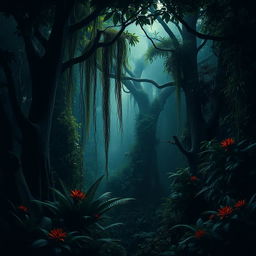 A dense, dark jungle with towering trees and abundant lush foliage, bathed in dim, ethereal light breaking through the canopy
