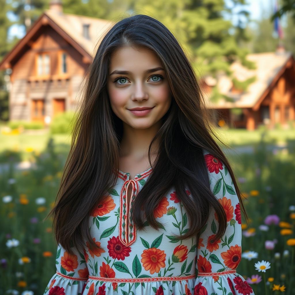 A portrait of a beautiful Russian girl with long, flowing dark hair and striking green eyes