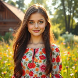 A portrait of a beautiful Russian girl with long, flowing dark hair and striking green eyes