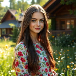 A portrait of a beautiful Russian girl with long, flowing dark hair and striking green eyes