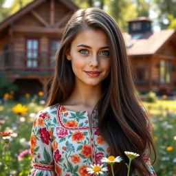 A portrait of a beautiful Russian girl with long, flowing dark hair and striking green eyes
