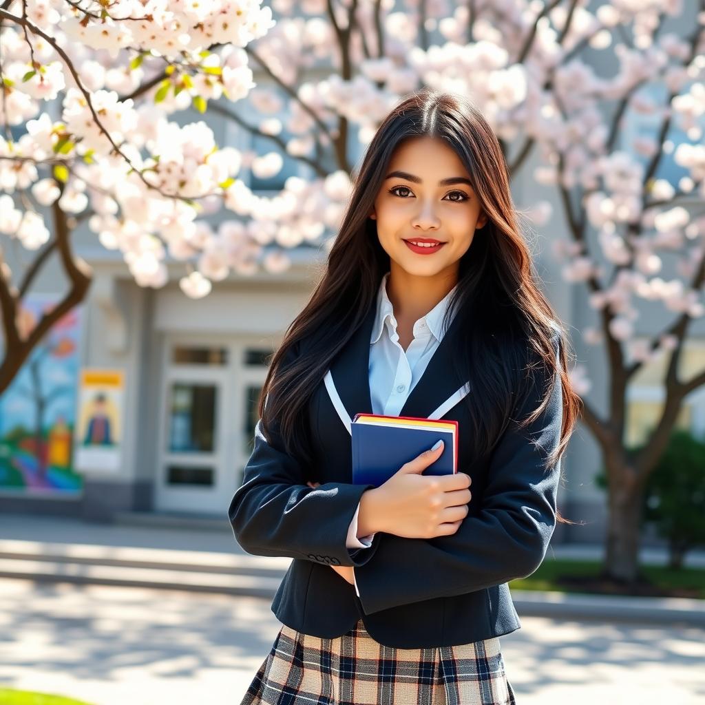 A portrait of a stylish Russian high school girl, with long dark hair and bright, expressive eyes, wearing a trendy school uniform featuring a fitted blazer and a plaid skirt