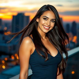 A beautiful young woman with long flowing hair, wearing a stylish, form-fitting dress that accentuates her curves