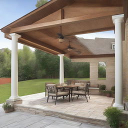 A 12x12 patio featuring structural columns, with a 3 feet extended roof on the front face of a house.