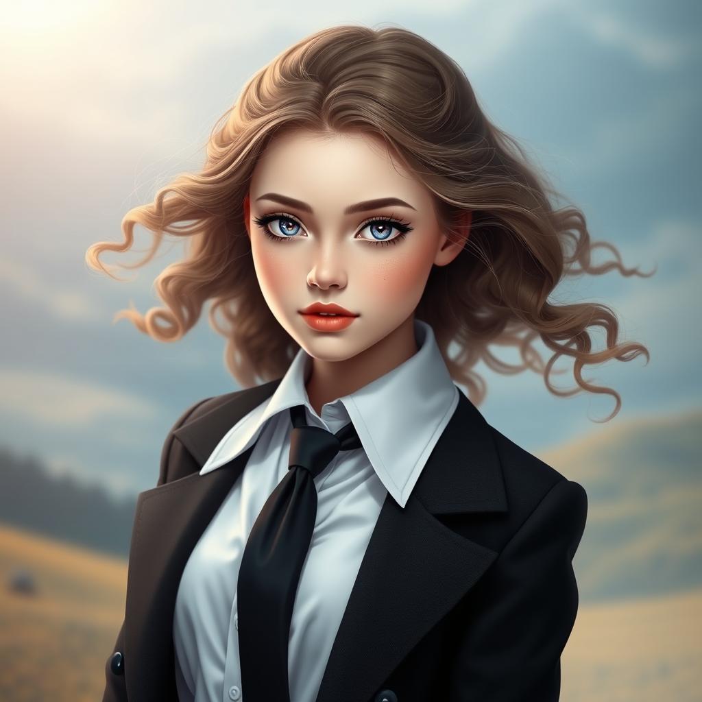 A stunning half Russian, half Ukrainian goddess-like girl with light skin, possessing mesmerizing purple eyes and slightly curly long hair flowing elegantly