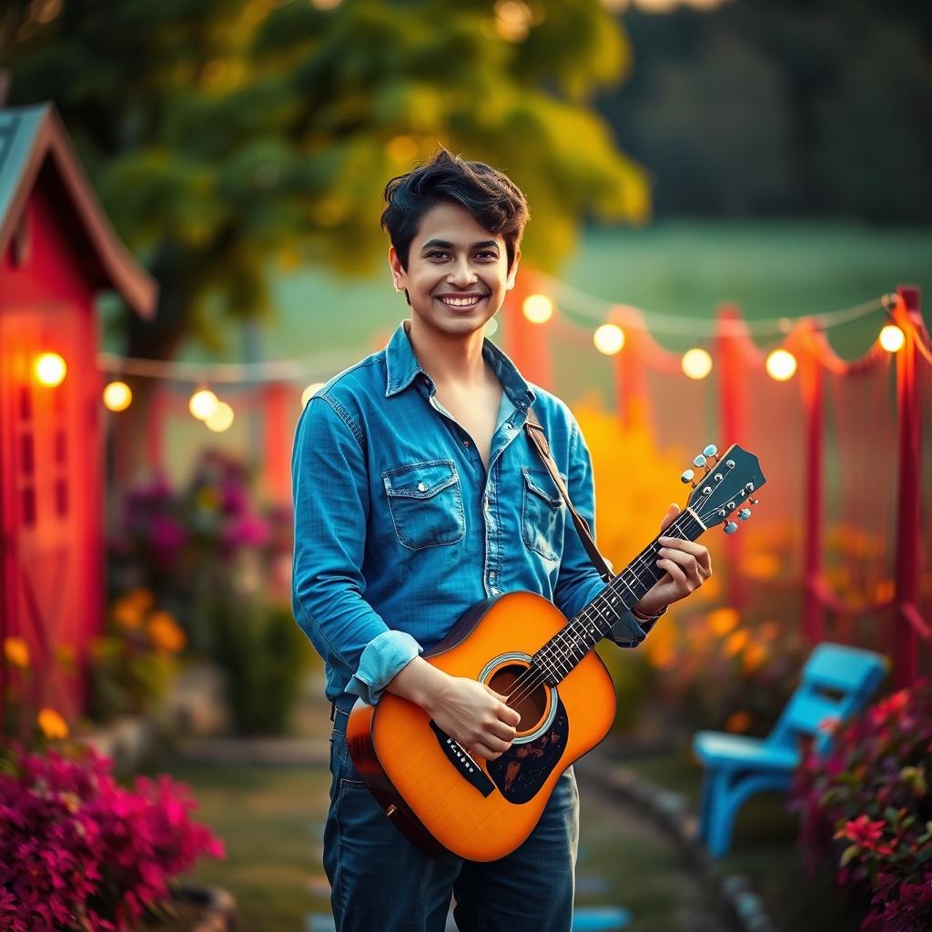 A person standing in a whimsical outdoor setting, with vibrant colors and a serene background, holding an acoustic guitar as if they are playing it