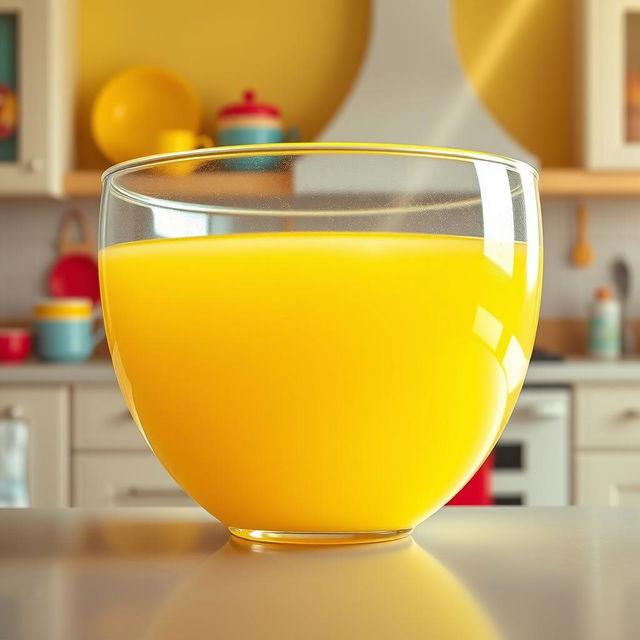 A surreal and humorous depiction of a large transparent bowl filled with bright yellow fluid, resembling lemonade rather than anything unpleasant