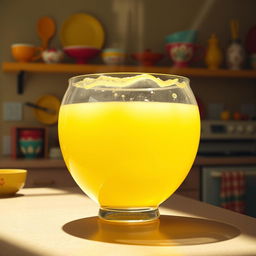 A surreal and humorous depiction of a large transparent bowl filled with bright yellow fluid, resembling lemonade rather than anything unpleasant