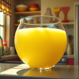 A surreal and humorous depiction of a large transparent bowl filled with bright yellow fluid, resembling lemonade rather than anything unpleasant