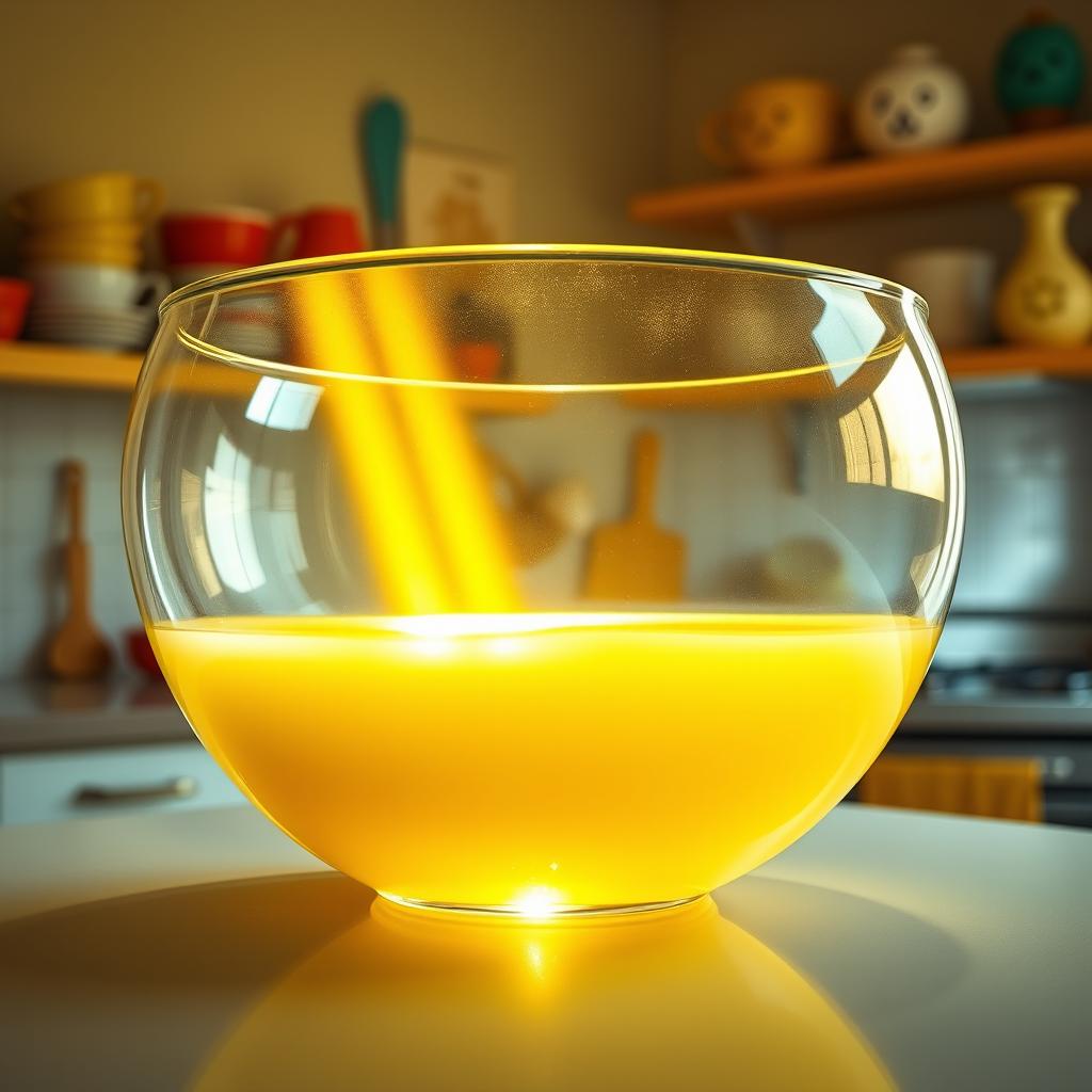 A surreal and humorous depiction of a large transparent bowl filled with bright yellow fluid, resembling lemonade rather than anything unpleasant