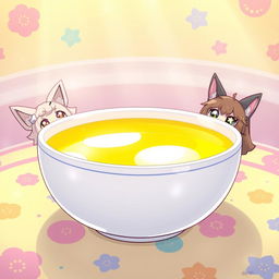 A whimsical and surreal anime-style illustration featuring a bowl filled with a bright yellow liquid, resembling lemonade more than anything else
