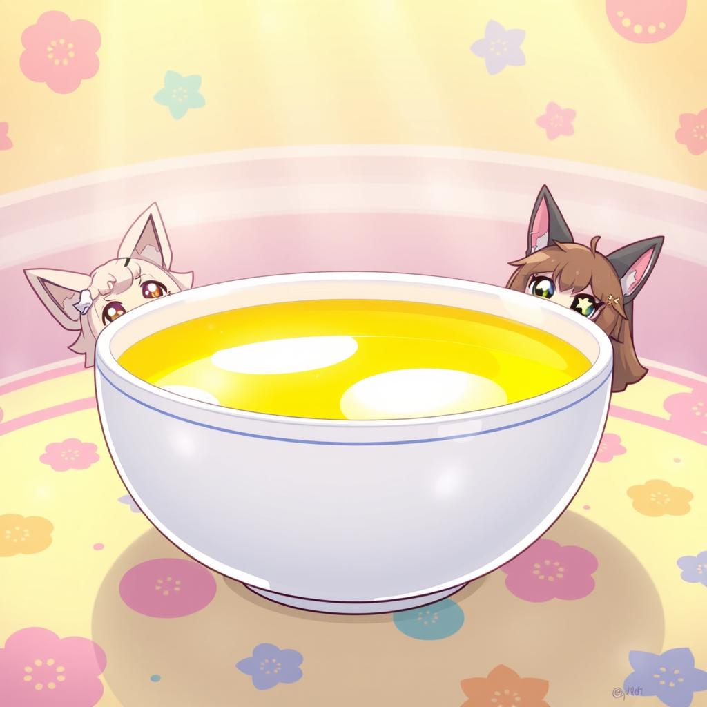 A whimsical and surreal anime-style illustration featuring a bowl filled with a bright yellow liquid, resembling lemonade more than anything else
