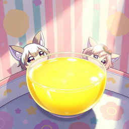 A whimsical and surreal anime-style illustration featuring a bowl filled with a bright yellow liquid, resembling lemonade more than anything else
