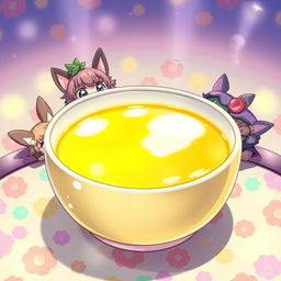 A whimsical and surreal anime-style illustration featuring a bowl filled with a bright yellow liquid, resembling lemonade more than anything else