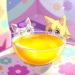A whimsical and surreal anime-style illustration featuring a bowl filled with a bright yellow liquid, resembling lemonade more than anything else