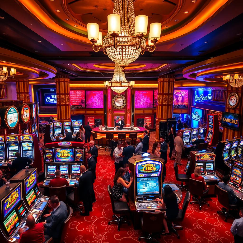 A vibrant scene inside a luxurious casino, showcasing elegant chandeliers, colorful slot machines, and busy gaming tables with players engrossed in their games
